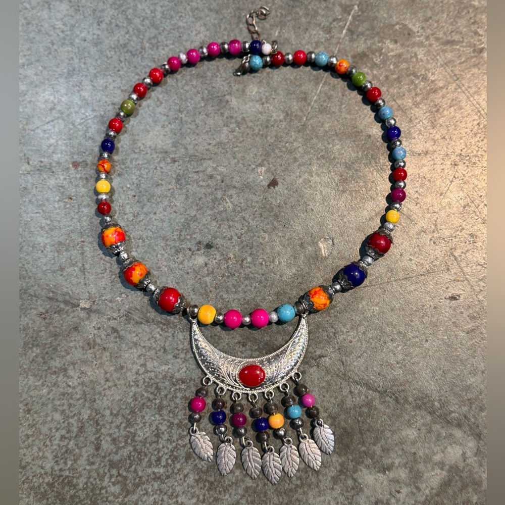 Colorful Ethnic Beaded Necklace with Silver Accents